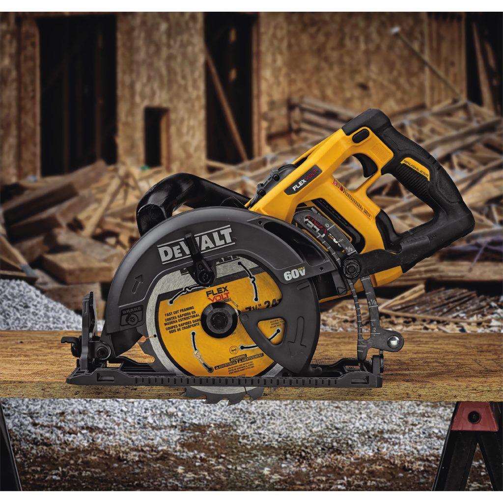 Cordless circular saw on construction site table.