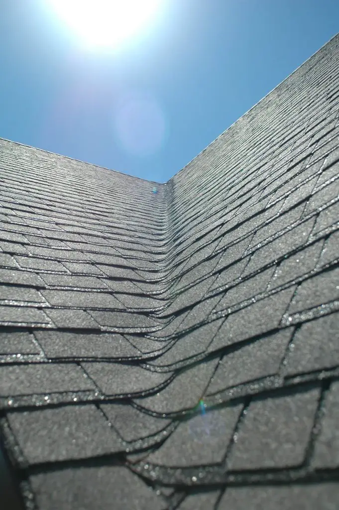 Sunlit asphalt shingle roof under blue sky.