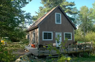 Rustic cabin in lush forest setting