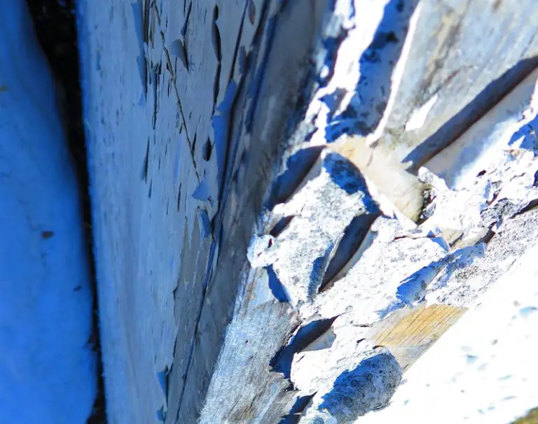 Close-up of peeling blue paint on wood surface.