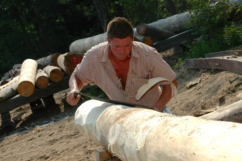 Man shaping log with hand tool in forest setting