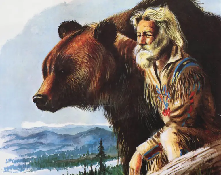 Man and bear overlooking forest landscape.