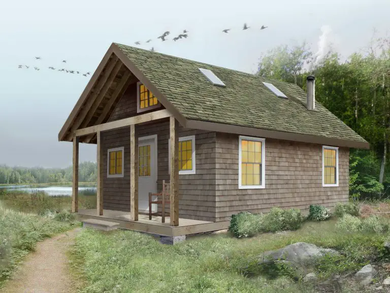 Rustic cabin with yellow windows in a forest.