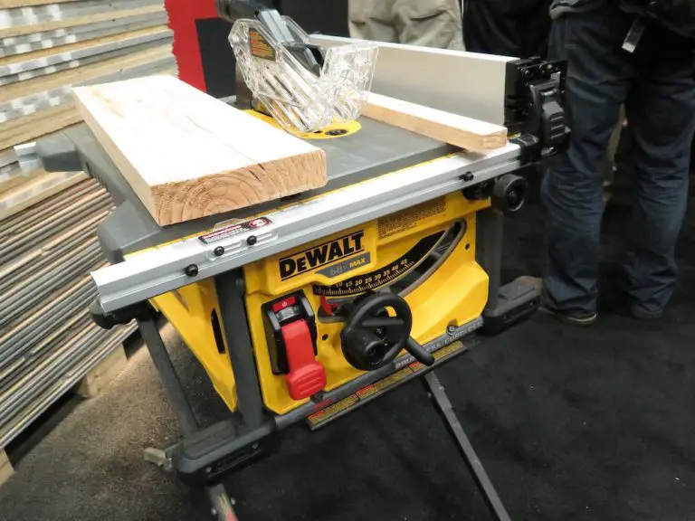 Dewalt table saw cutting wooden boards at expo