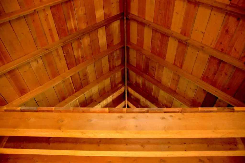 Wooden ceiling with beams and planks