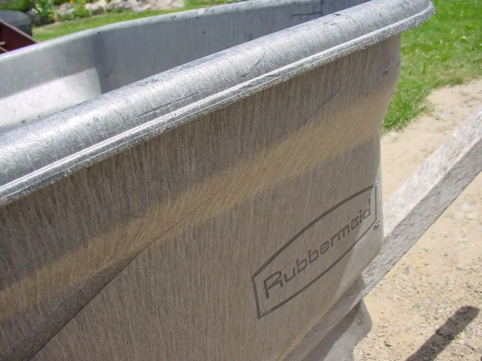 This wheelbarrow pan is made from a material called “structural foam”. It’s tough (much tougher than plastic), and it never rusts. It can even freeze solid in winter full of water and it won’t crack. I don’t recommend you store wheelbarrows outside, but if you forget, winter won’t cause damage.