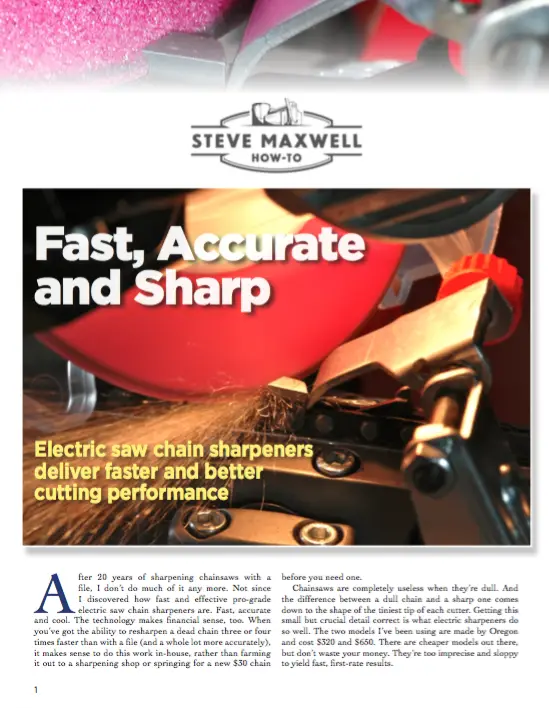 Electric saw chain sharpener in action.