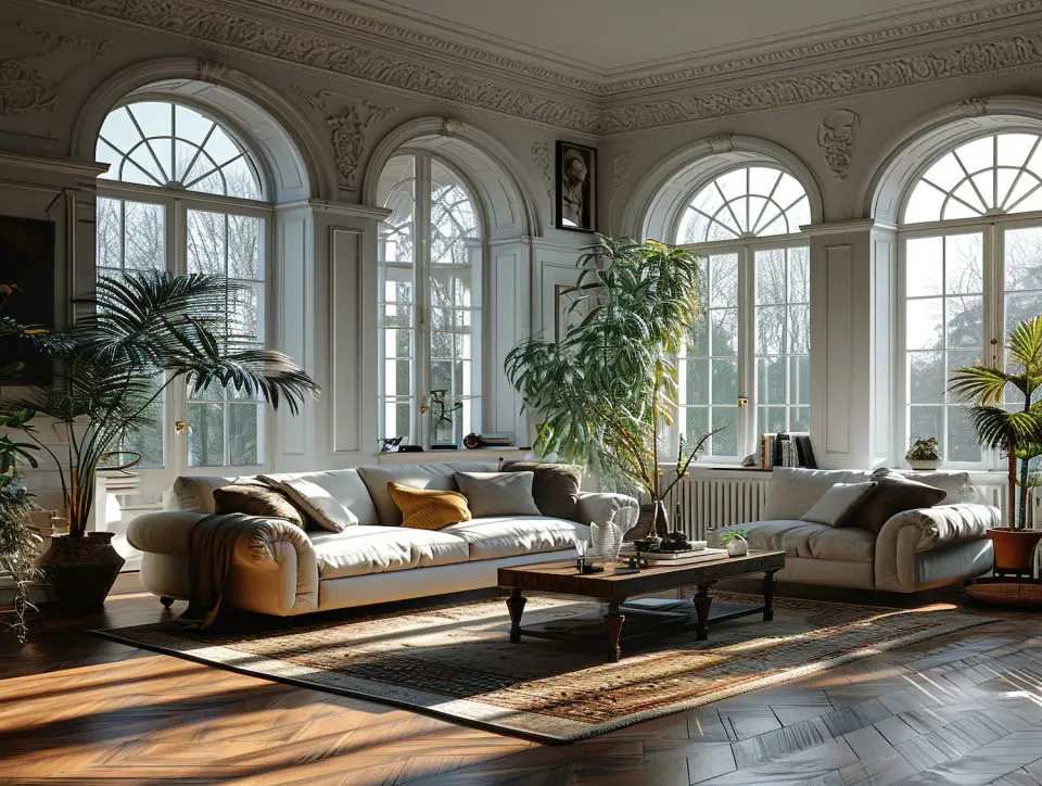 Elegant living room with large arched windows.