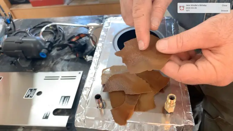 Hands holding brown jelly-like sheets on metal surface.