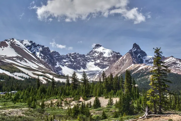 Snow-capped Canadian Rockies under clear blue sky.