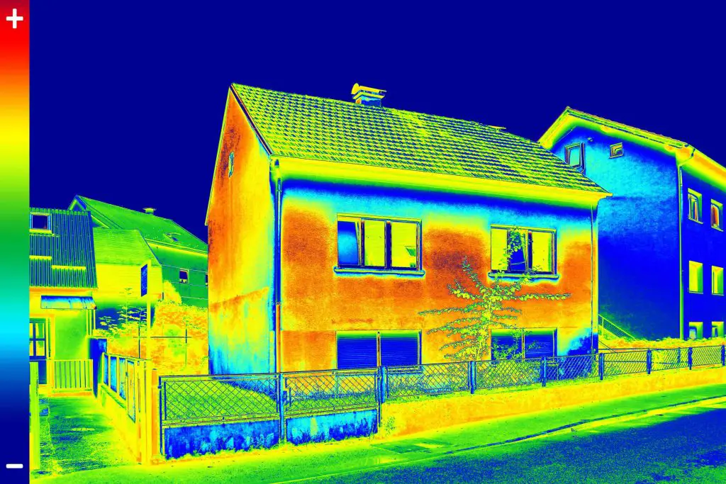 Thermal image of houses showing heat distribution.