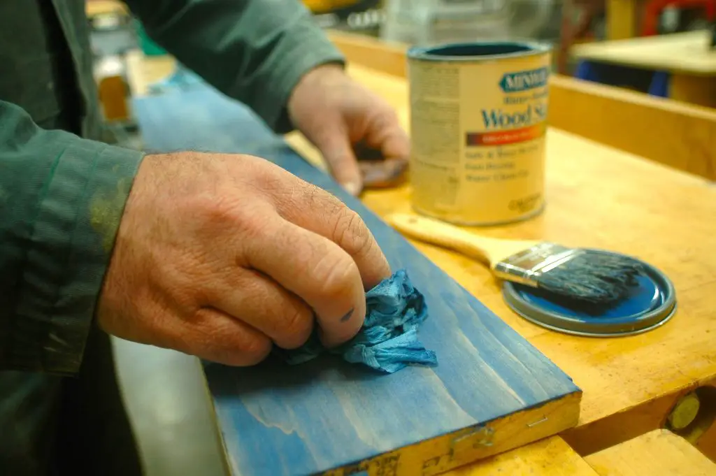 Blue stain applied to wood