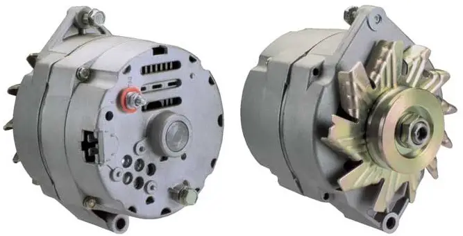 Two grey alternators, front and back view.