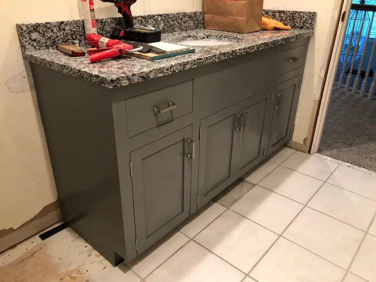 A beautiful greyscale bathroom vanity built by a Bailey Line Road student who started with no experience.