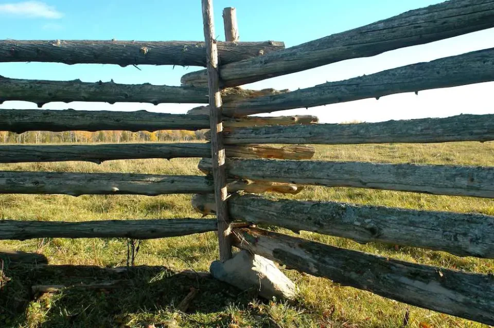 Simple, but effective, the corner of this rail fence shows the traditional “stake and wire” reinforcement used across Manitoulin Island. The only metal used in this design is a little bit of fence wire at the top and bottom of each pair of vertical stakes. The rock is a nice touch, keeping the wood off the ground so it rots more slowly.