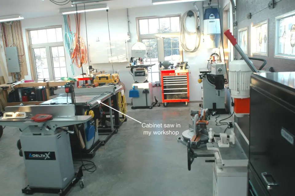 The big saw at the heart of my workshop is the Delta Unisaw that you see here. For stationary use in a shop, a saw like this can’t be beat.