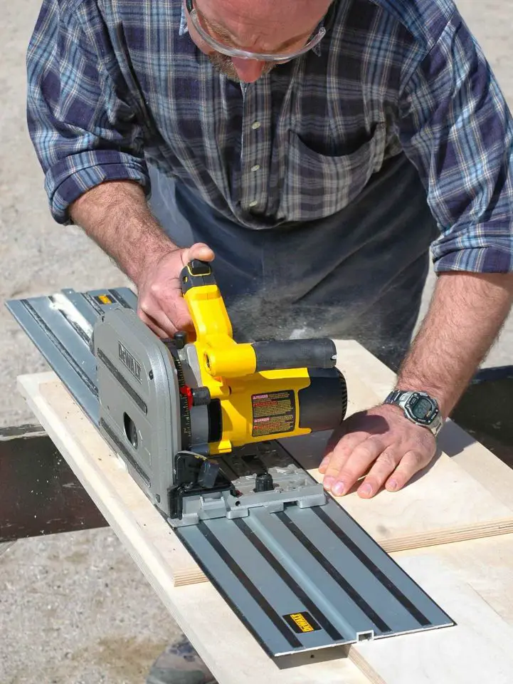 Here I am using a DEWALT tracksaw. Tools like these combine the best of hand-held circular saws with the accuracy of a tablesaw. In fact, tracksaws like this one actually cut smoother than most tablesaws.