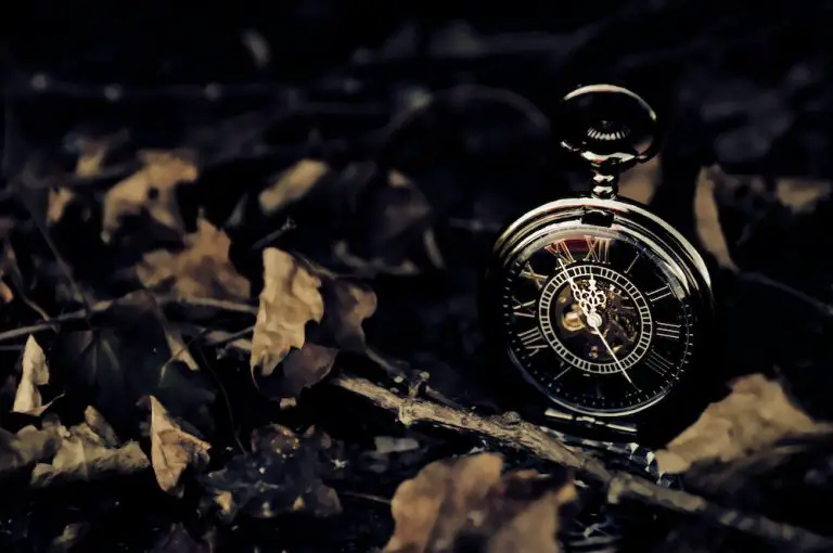 Antique pocket watch on dark autumn leaves.
