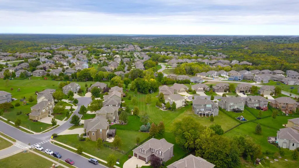 Aerial view of suburban neighbourhood and greenery