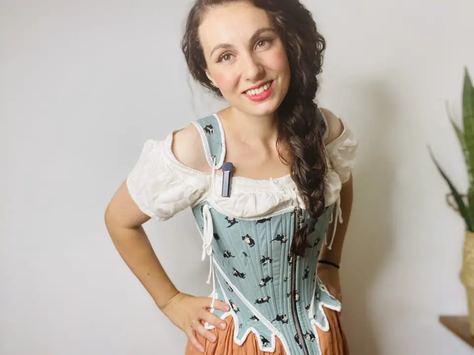 Katherine with the third corset she ever made, one that actually works and fits and delivers some value (normally worn underneath clothes, of course).