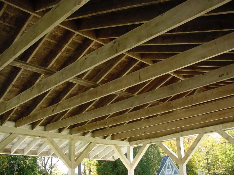 This small pole barn has a roof framed with rafters not trusses. This works for for buildings less than about 20 feet wide. Rafters also allow raised storage space directly under the roof.