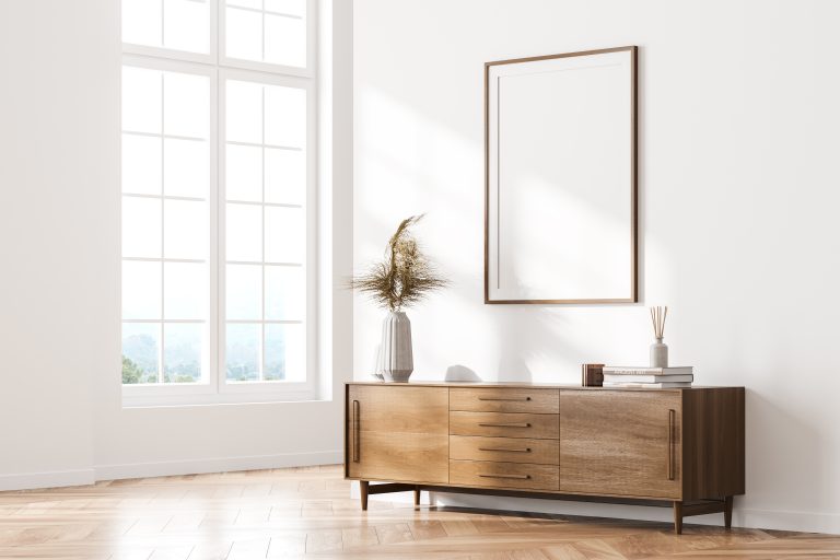 Modern living room with wooden sideboard and decor