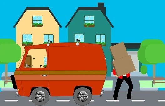 Cartoon person carrying boxes near moving van.