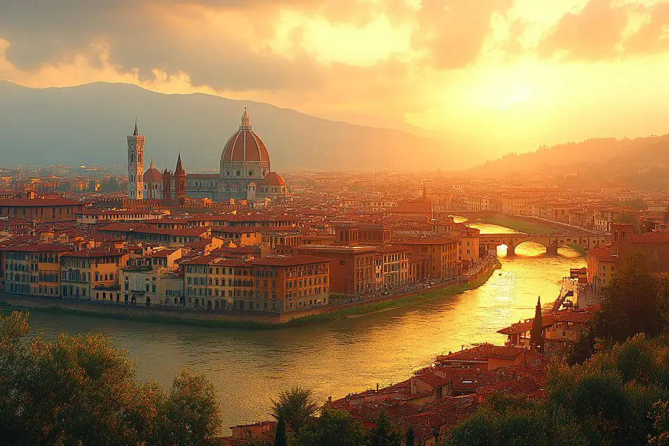 Florence skyline at sunset with river and bridges.