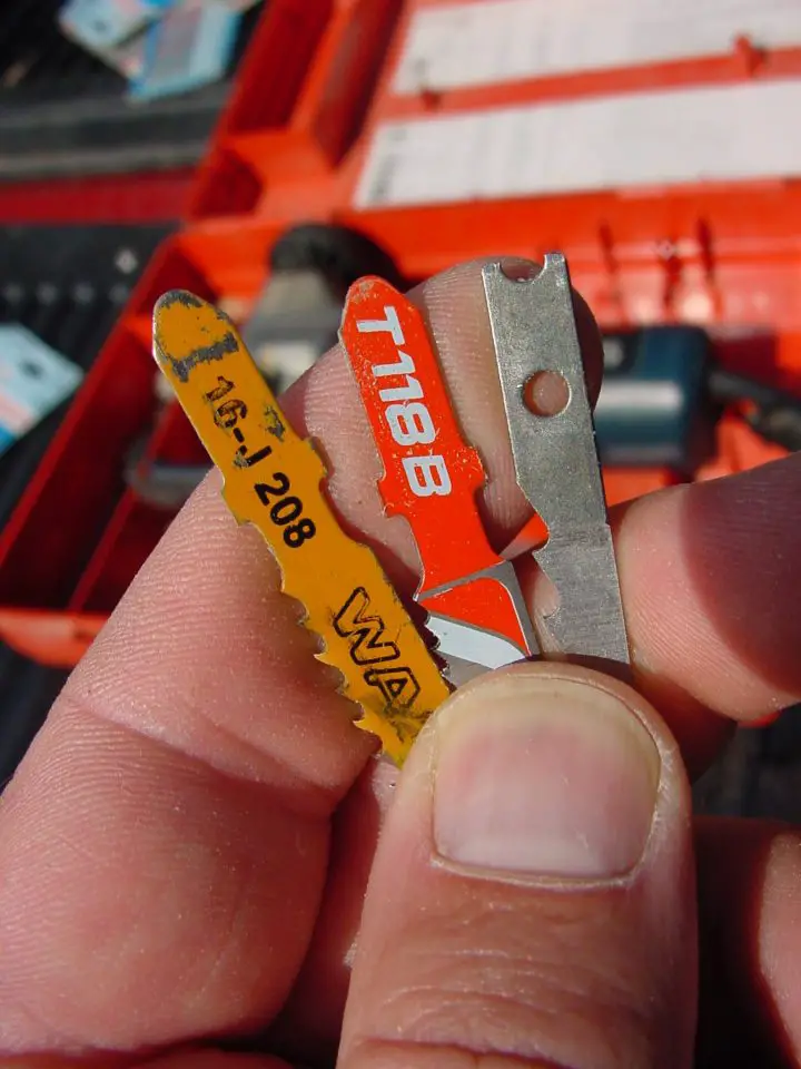 The two blades on the left use “T-style” shanks, named after the shape of the top. Also called “Bosch-style” blades this kind comes in a much wider variety of blade configurations and much higher quality than the consumer blades like the one on the right.