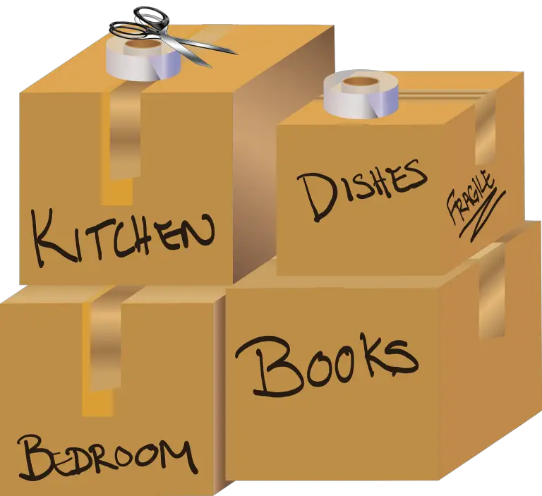 Labelled moving boxes with tape and scissors