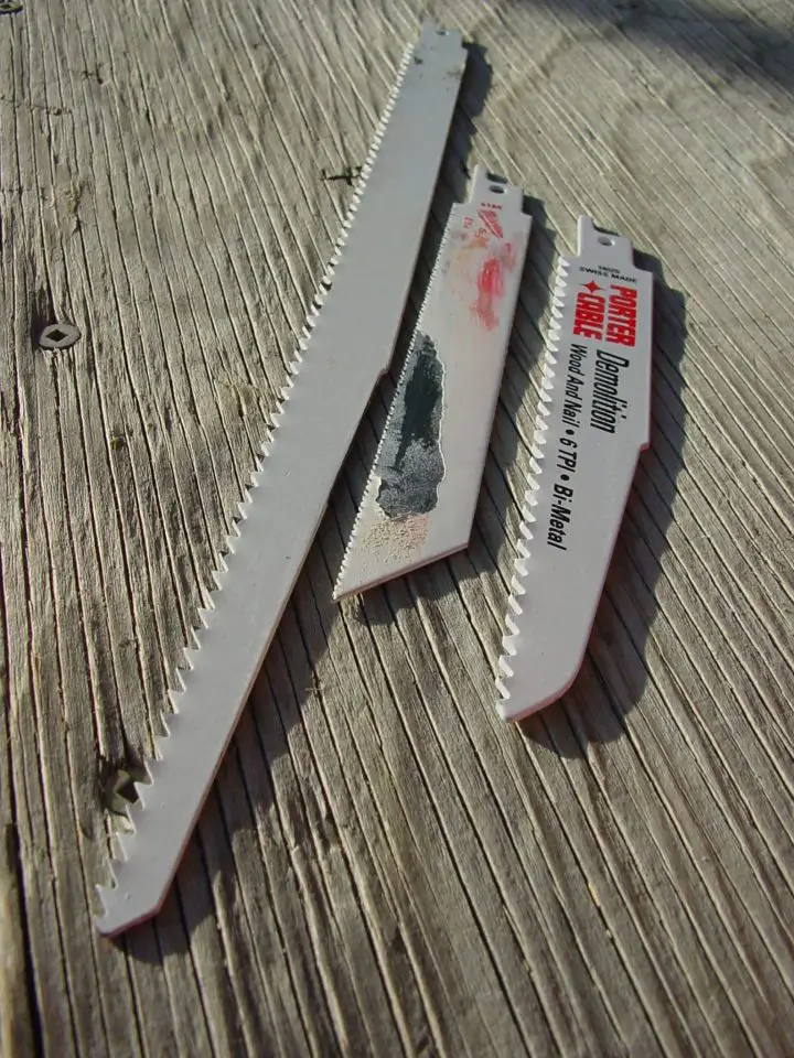 All reciprocating saws can make use of a wide variety of blades. The extra-long blade (left) is designed for long-reach cuts. The hacksaw blade (middle) is best for cutting through nails and pipes. The general-purpose demolition blade (right) is meant for wood, though the odd nail is no problem.