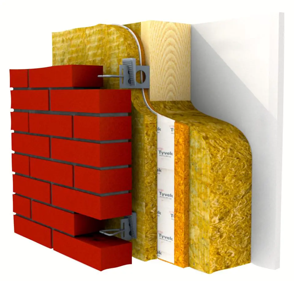 This model of a wall shows how insulation board is applied to the outside face of wall framing, underneath the final exterior layer of bricks.