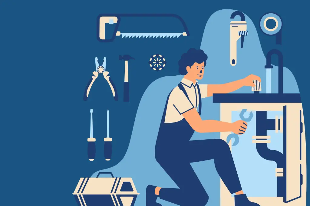 Illustration of plumber fixing sink with tools