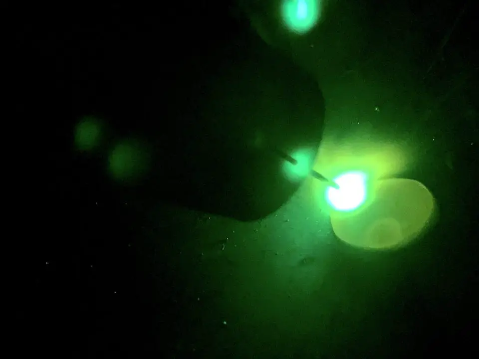 A molten weld pool shortly after the start of laying down a weld bead. This is what a MIG weld looks like as it’s happening and while looking through a welding helmet lens.