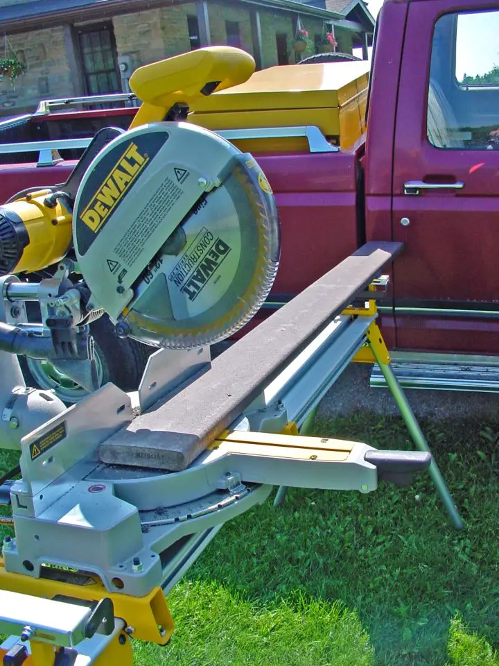 Here I’m using my truck as a length stop. With the saw positioned just right, the truck regulates and automates the cutting length of multiple pieces.