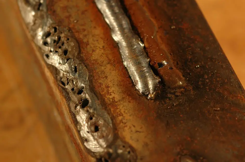 The weld on the right was completed with inert gas shielding the mold weld pool, and the weld on the left was made with self-shielding wire and no compressed gas.