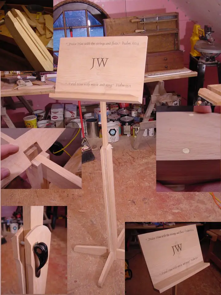 A music stand I made in 2001 out of cherry wood for a friend – JW. I shipped the wood off for engraving before I even began building.