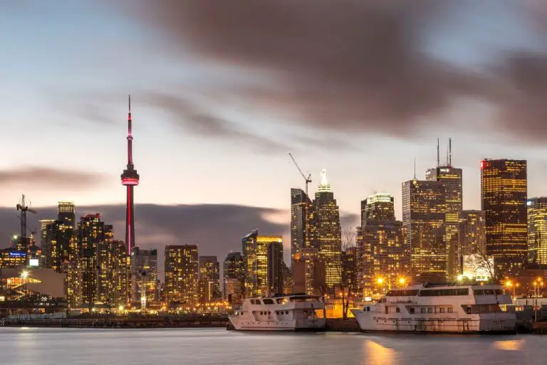 Toronto skyline with CN Tower at sunset.