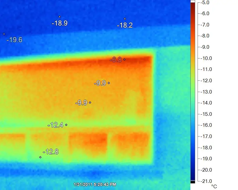 This exterior view of a 20-year-old window shows the glass surface much warmer than surrounding walls. This shows the large amounts of heat loss that’s present. Many brand new windows fare no better in thermographic testing.