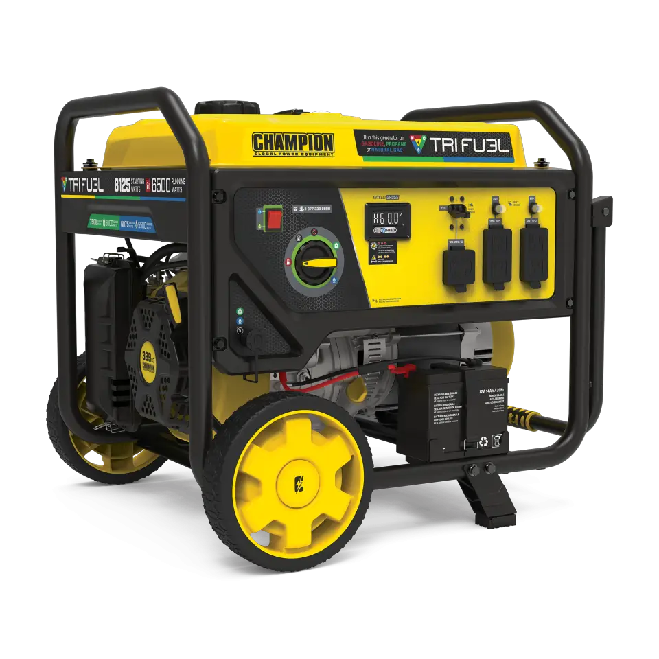 Yellow portable generator with tri-fuel capability.
