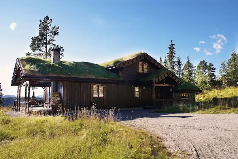 Countryside cabin with grass-covered roof and surrounding trees.