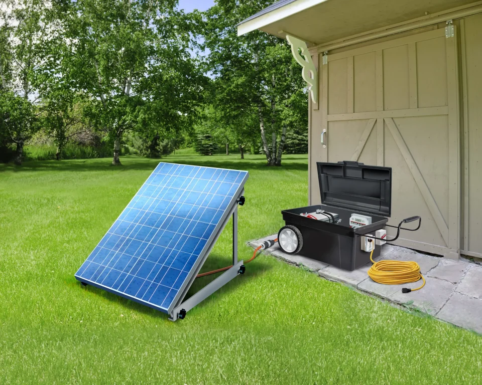 Solar panel and equipment beside a garden shed