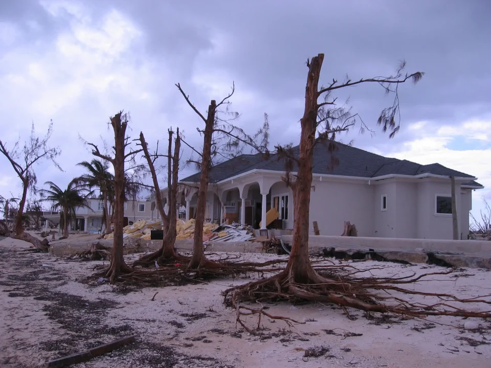 Storm-damaged house and trees under cloudy sky.