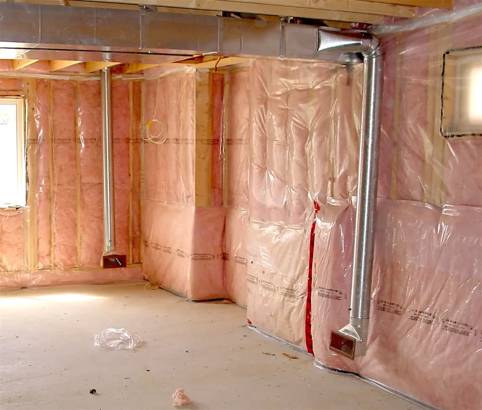 Basement under renovation with insulation and ductwork.