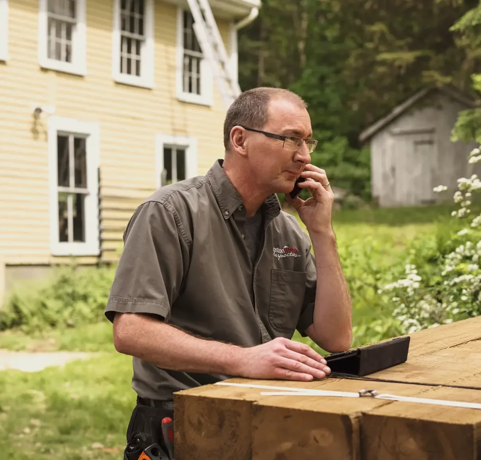 Man talking on phone outdoors near house.