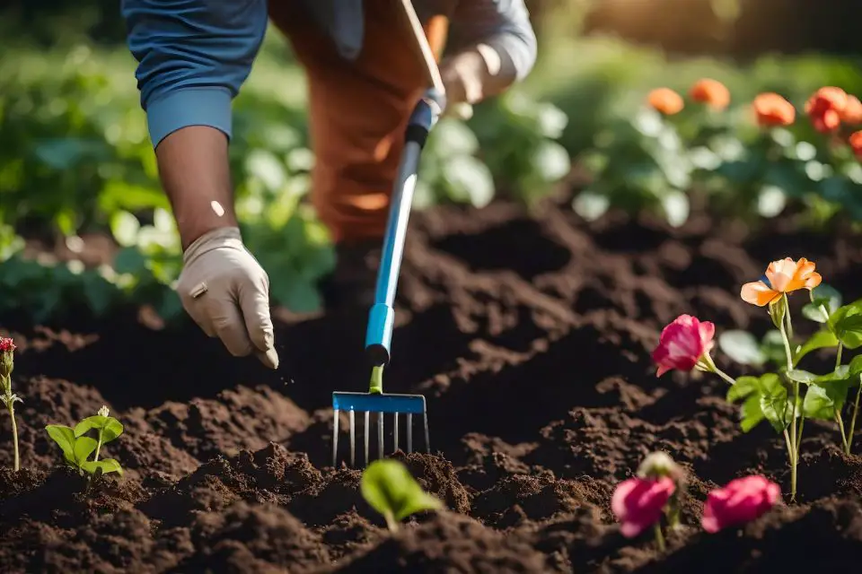 Gardener planting flowers in soil with rake.