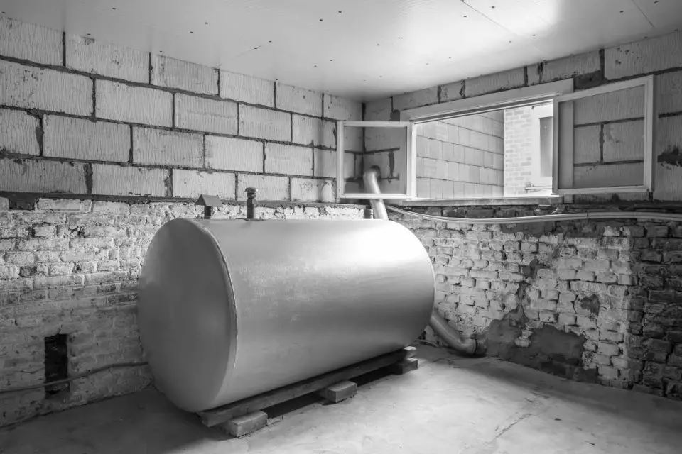 Old fuel tank in brick basement room.