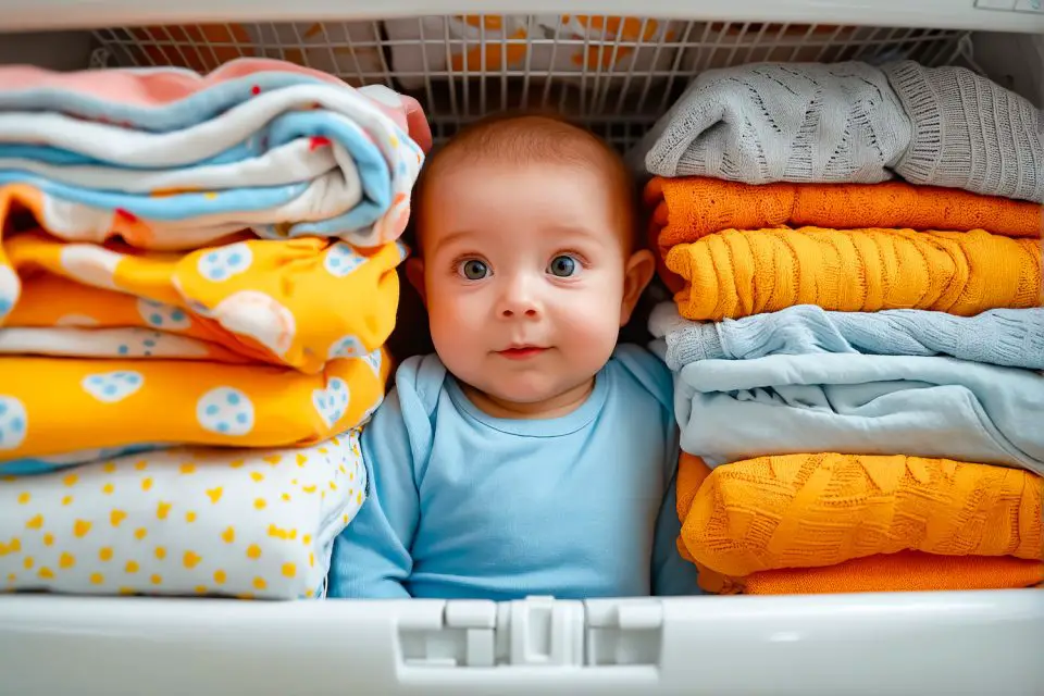 Baby surrounded by colourful folded laundry.