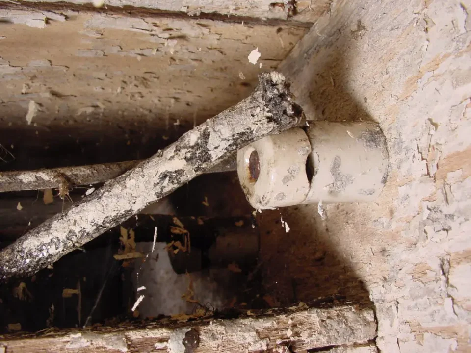 Termite-damaged wood and frass on structure