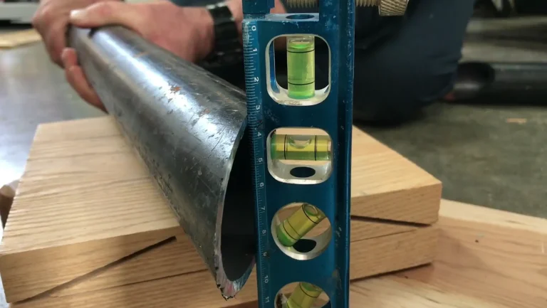 Using level on metal pipe for accurate measurement.